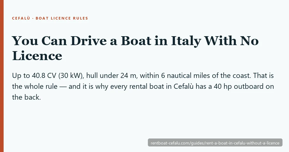 Italian licence-free boating limits: 40.8 CV, within 6 nautical miles of the coast